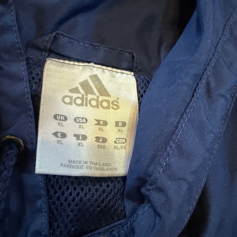 Adidas Windbreaker Men XL Navy Blue Vintage 3-Stripe Hooded Pullover AO2001